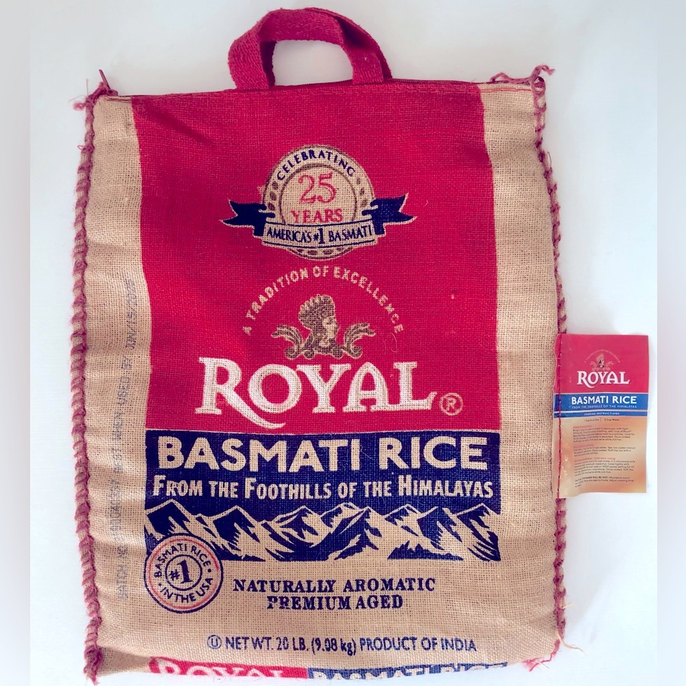 4 Burlap sacks zip top Burlap bag 18 x 15 Woven handles Royal basmati rice logo